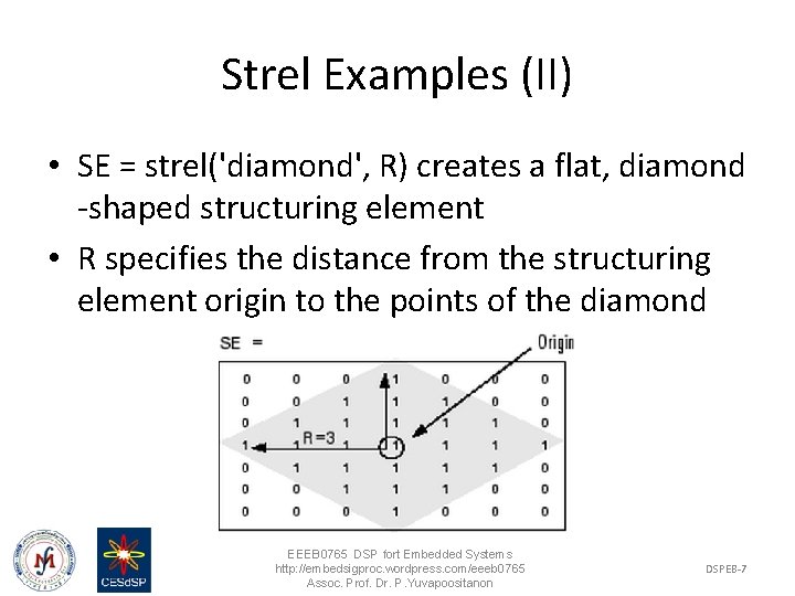 Strel Examples (II) • SE = strel('diamond', R) creates a flat, diamond -shaped structuring