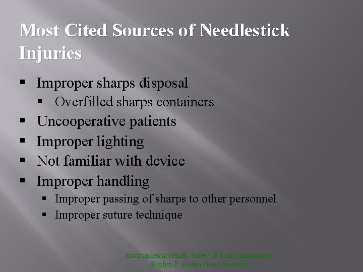 Most Cited Sources of Needlestick Injuries § Improper sharps disposal § Overfilled sharps containers