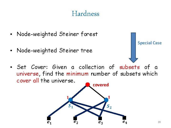 Hardness • Node-weighted Steiner forest Special Case • Node-weighted Steiner tree • Set Cover: