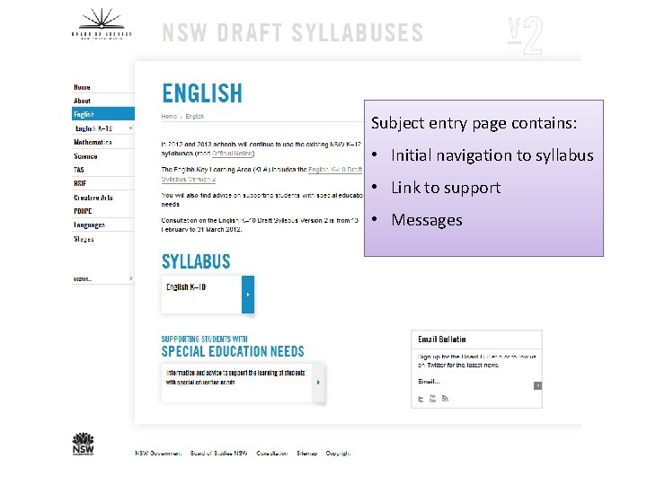 Subject entry page contains: • Initial navigation to syllabus • Link to support •