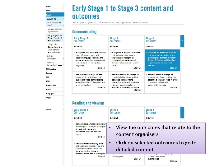  • View the outcomes that relate to the content organisers • Click on