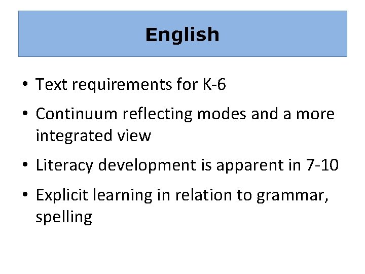 English • Text requirements for K-6 • Continuum reflecting modes and a more integrated