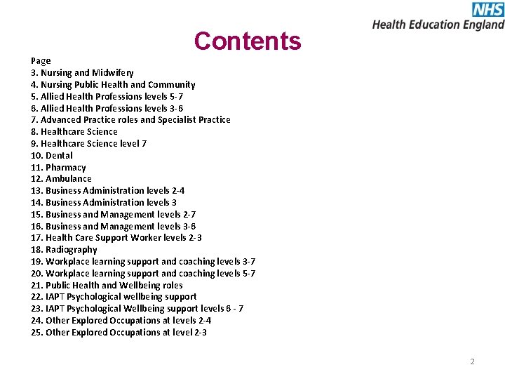 Contents Page 3. Nursing and Midwifery 4. Nursing Public Health and Community 5. Allied