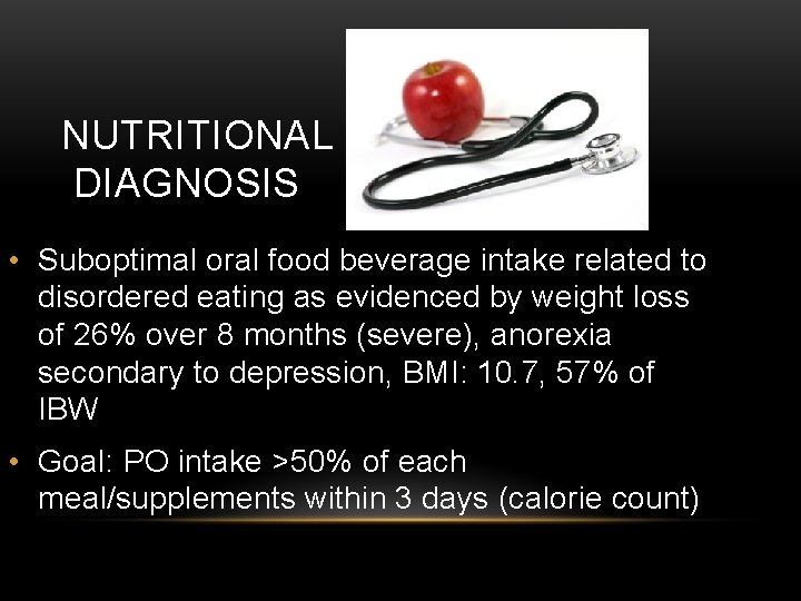 NUTRITIONAL DIAGNOSIS • Suboptimal oral food beverage intake related to disordered eating as evidenced