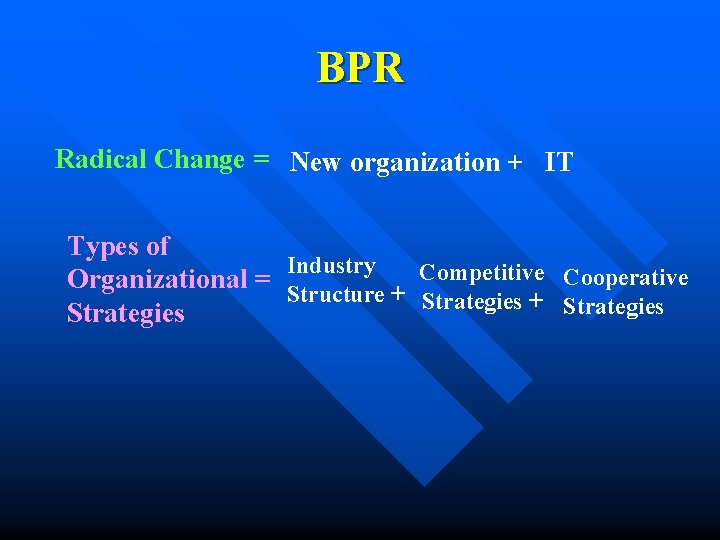 BPR Radical Change = New organization + IT Types of Industry Organizational = Structure