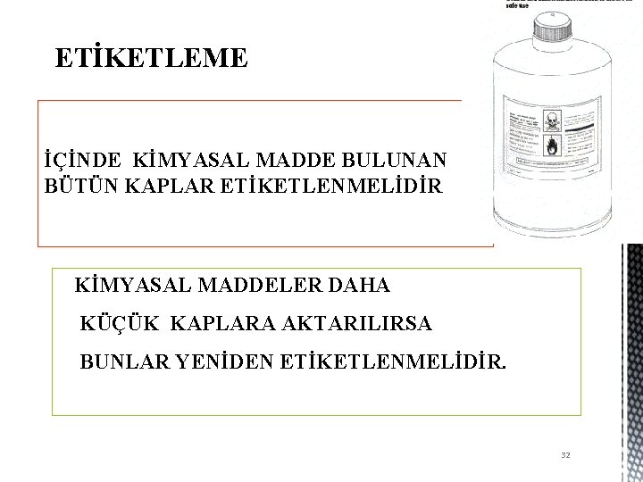 ETİKETLEME İÇİNDE KİMYASAL MADDE BULUNAN BÜTÜN KAPLAR ETİKETLENMELİDİR KİMYASAL MADDELER DAHA KÜÇÜK KAPLARA AKTARILIRSA