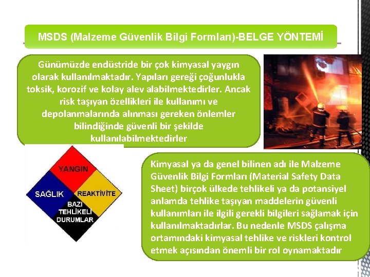 MSDS (Malzeme Güvenlik Bilgi Formları)-BELGE YÖNTEMİ Günümüzde endüstride bir çok kimyasal yaygın olarak kullanılmaktadır.