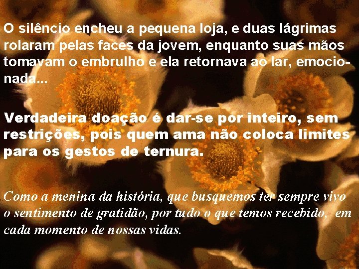 O silêncio encheu a pequena loja, e duas lágrimas rolaram pelas faces da jovem,