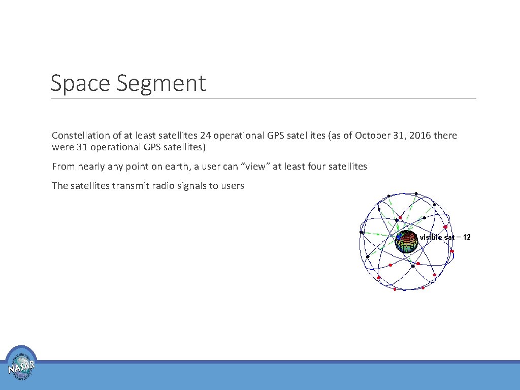 Space Segment Constellation of at least satellites 24 operational GPS satellites (as of October