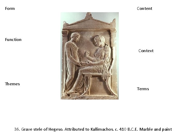 Form Content Function Context Themes Terms 36. Grave stele of Hegeso. Attributed to Kallimachos.