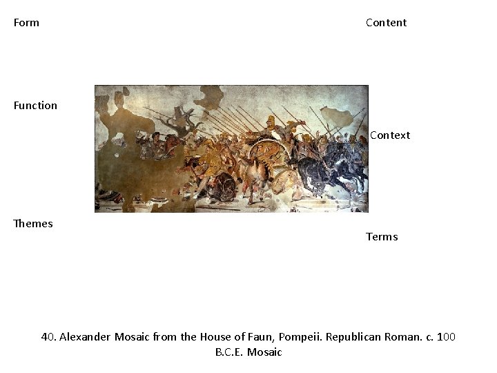 Form Content Function Context Themes Terms 40. Alexander Mosaic from the House of Faun,