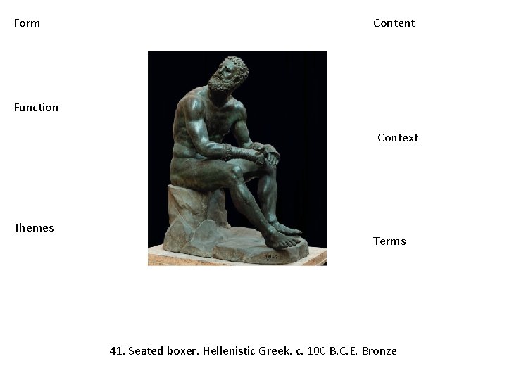 Form Content Function Context Themes Terms 41. Seated boxer. Hellenistic Greek. c. 100 B.