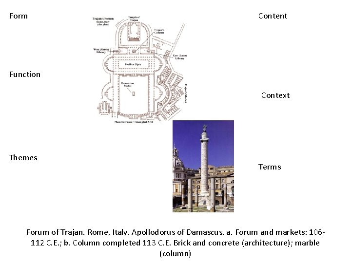 Form Content Function Context Themes Terms Forum of Trajan. Rome, Italy. Apollodorus of Damascus.