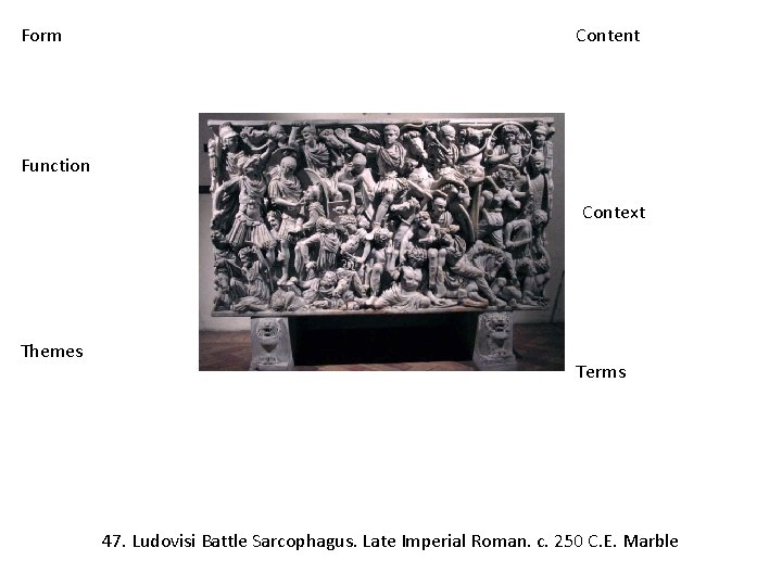 Form Content Function Context Themes Terms 47. Ludovisi Battle Sarcophagus. Late Imperial Roman. c.