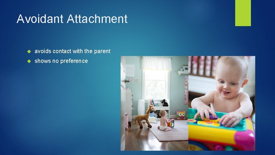 Avoidant Attachment avoids contact with the parent shows no preference 