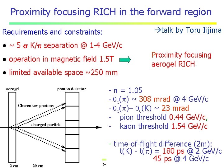 Proximity focusing RICH in the forward region talk by Toru Iijima Requirements and constraints: