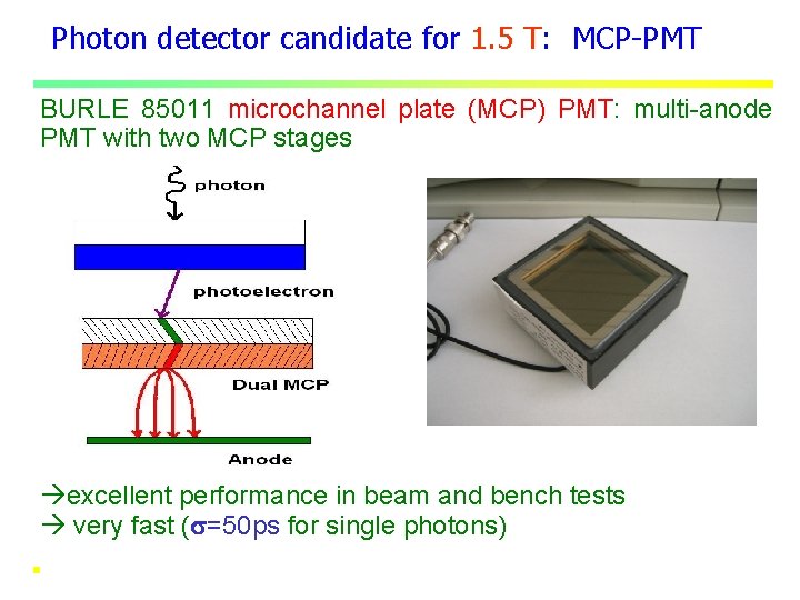 Photon detector candidate for 1. 5 T: MCP-PMT BURLE 85011 microchannel plate (MCP) PMT: