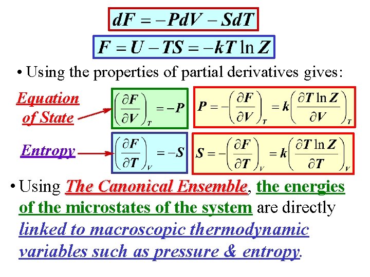  • Using the properties of partial derivatives gives: Equation of State Entropy •