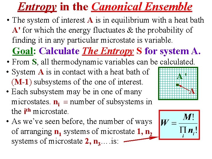 Entropy in the Canonical Ensemble • The system of interest A is in equilibrium