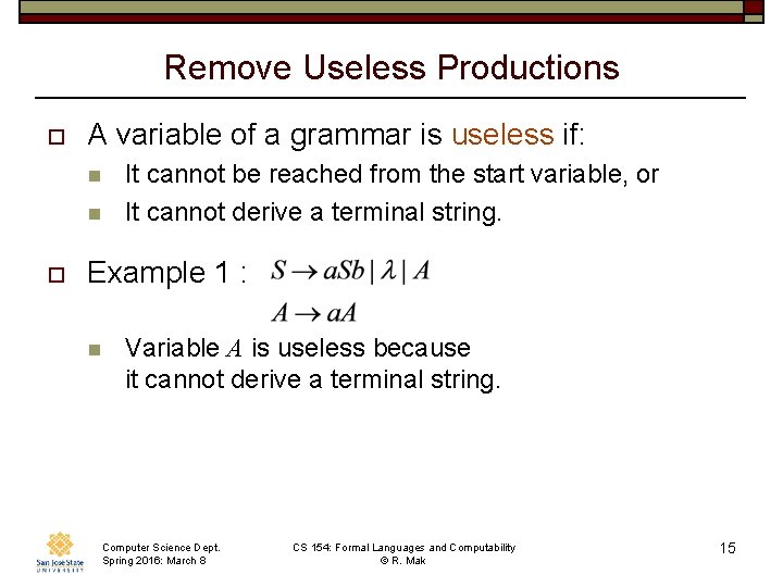 Remove Useless Productions o A variable of a grammar is useless if: n n