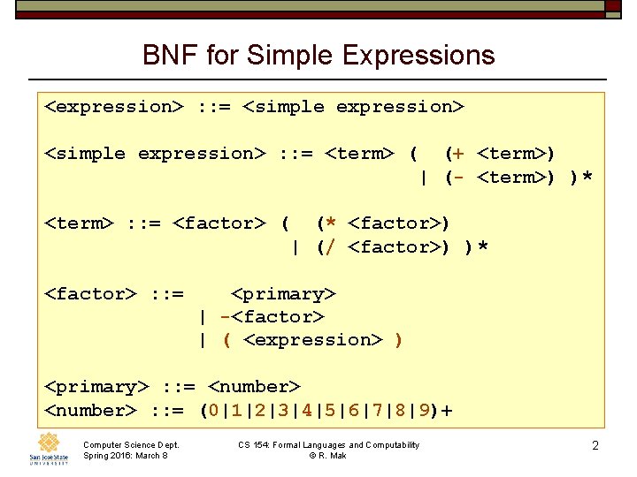 BNF for Simple Expressions <expression> : : = <simple expression> : : = <term>