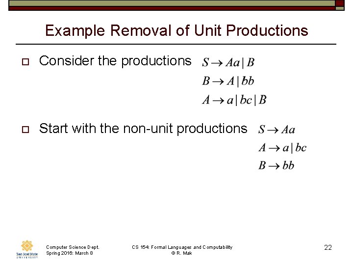 Example Removal of Unit Productions o Consider the productions o Start with the non-unit