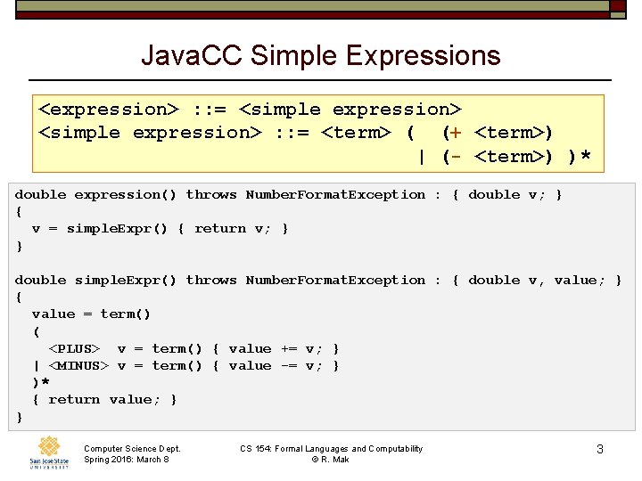 Java. CC Simple Expressions <expression> : : = <simple expression> : : = <term>