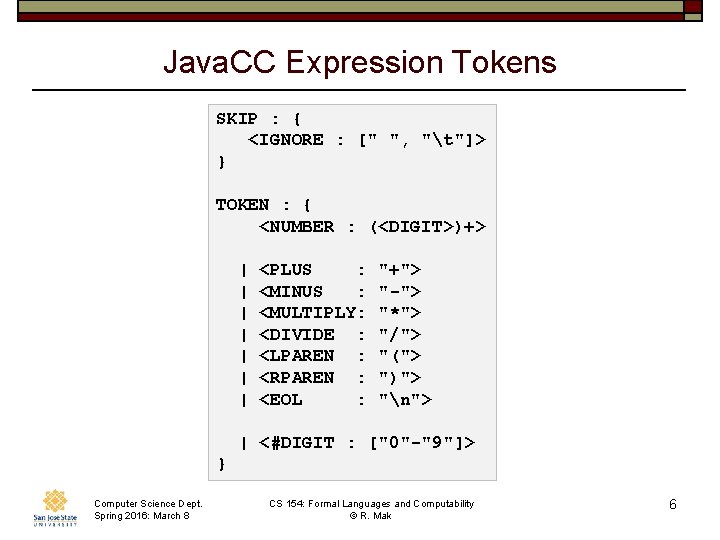 Java. CC Expression Tokens SKIP : { <IGNORE : [" ", "t"]> } TOKEN
