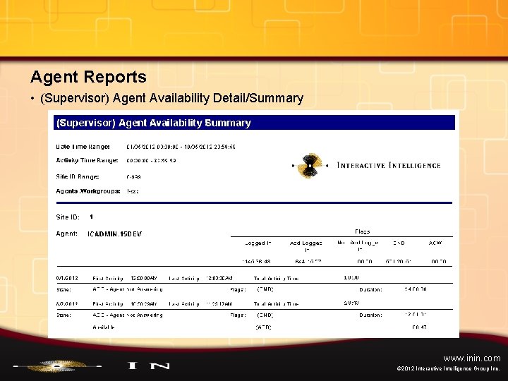 Agent Reports • (Supervisor) Agent Availability Detail/Summary www. inin. com © 2012 Interactive Intelligence