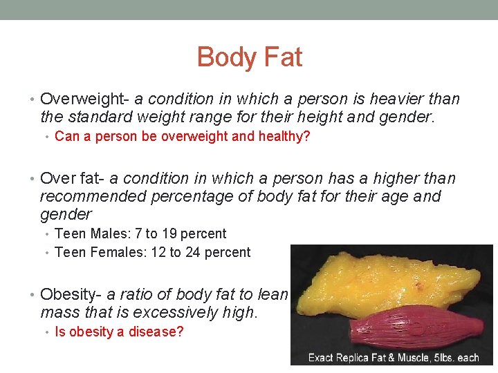 Body Fat • Overweight- a condition in which a person is heavier than the