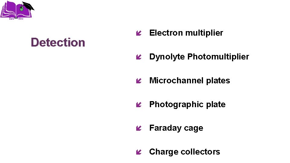 Detection Electron multiplier Dynolyte Photomultiplier Microchannel plates Photographic plate Faraday cage Charge collectors 