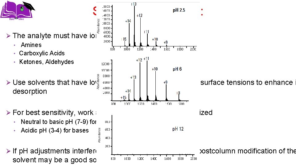 Sample preparation: Ø The analyte must have ionizable groups • Amines • Carboxylic Acids