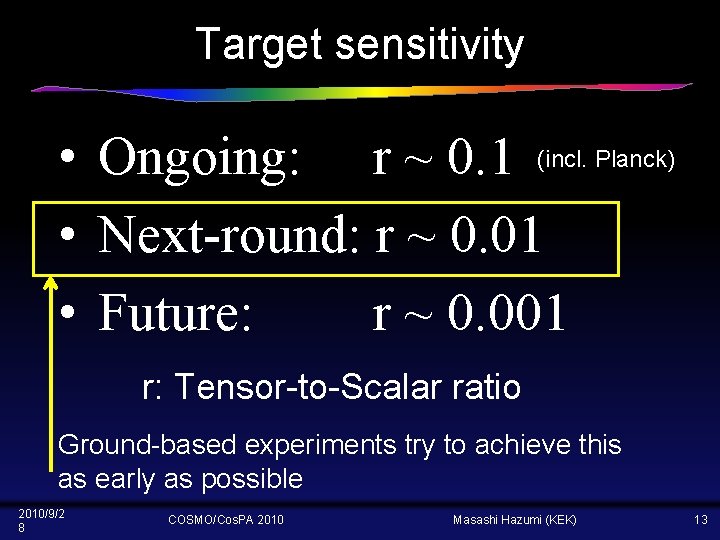 Target sensitivity • Ongoing: r ~ 0. 1 (incl. Planck) • Next-round: r ~