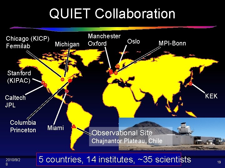 QUIET Collaboration Chicago (KICP) Michigan Fermilab Manchester Oxford Oslo MPI-Bonn Stanford (KIPAC) KEK Caltech