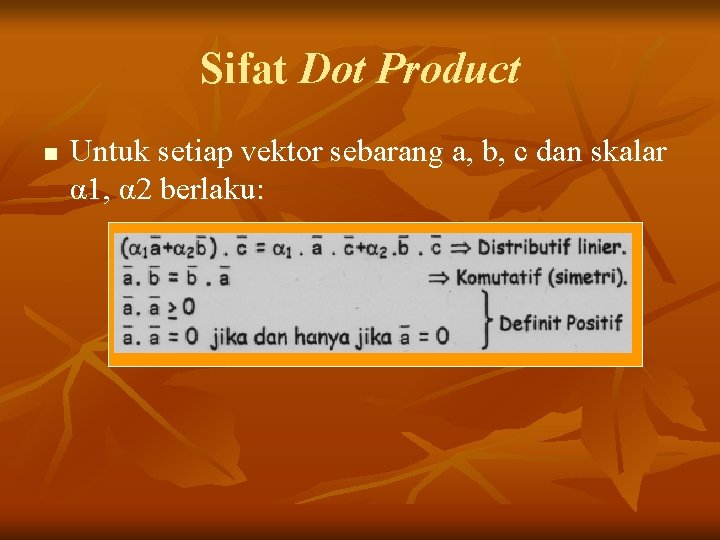 Sifat Dot Product n Untuk setiap vektor sebarang a, b, c dan skalar α