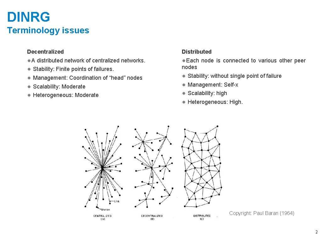 DINRG Terminology issues Decentralized Distributed A Each distributed network of centralized networks. Paulo Mendes,