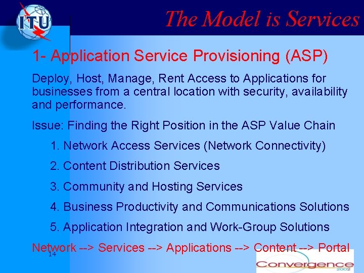 The Model is Services 1 - Application Service Provisioning (ASP) Deploy, Host, Manage, Rent