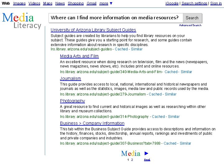Web Images Videos Maps News Shopping Gmail more ▼ Media Literacy i. Google |