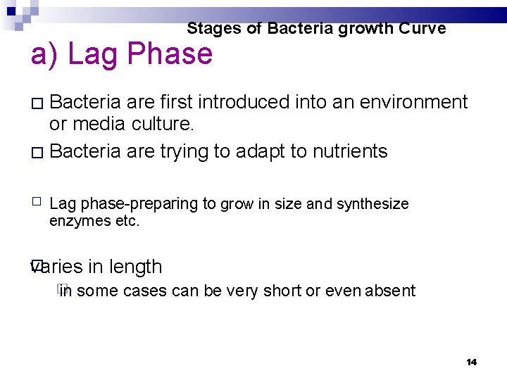 Stages of Bacteria growth Curve a) Lag Phase � Bacteria are first introduced into