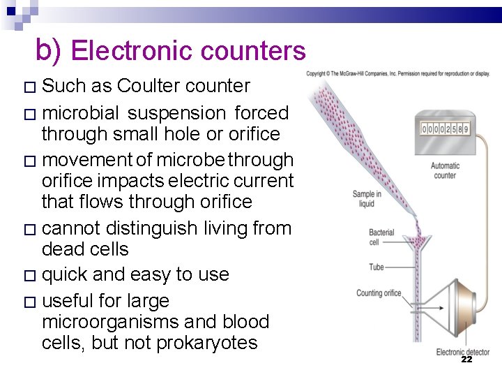 b) Electronic counters � Such as Coulter counter � microbial suspension forced through small