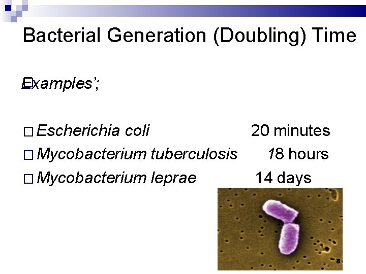 Bacterial Generation (Doubling) Time � Examples’; � Escherichia coli 20 minutes � Mycobacterium tuberculosis