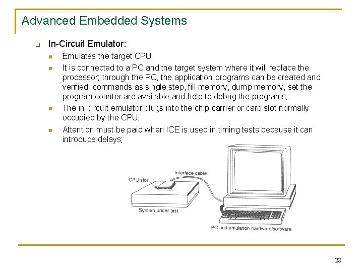 Advanced Embedded Systems q In-Circuit Emulator: n n Emulates the target CPU; It is