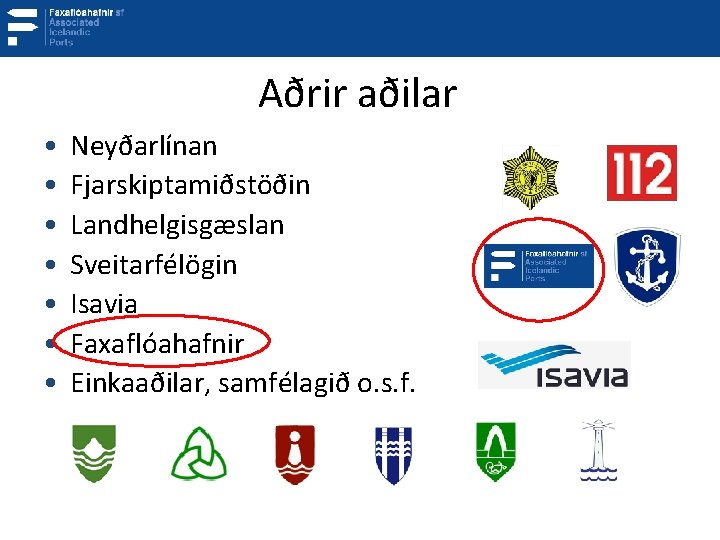 Aðrir aðilar • • Neyðarlínan Fjarskiptamiðstöðin Landhelgisgæslan Sveitarfélögin Isavia Faxaflóahafnir Einkaaðilar, samfélagið o. s.