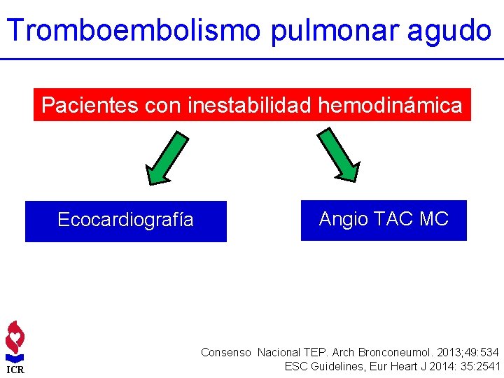 Tromboembolismo pulmonar agudo Pacientes con inestabilidad hemodinámica Ecocardiografía ICR Angio TAC MC Consenso Nacional