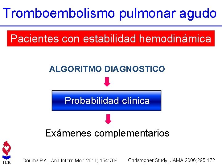 Tromboembolismo pulmonar agudo Pacientes con estabilidad hemodinámica ALGORITMO DIAGNOSTICO Probabilidad clínica Exámenes complementarios ICR
