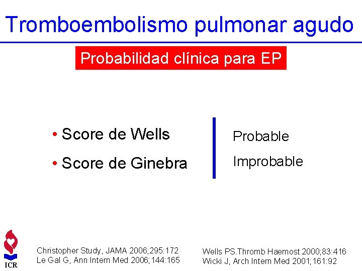 Tromboembolismo pulmonar agudo Probabilidad clínica para EP ICR • Score de Wells Probable •