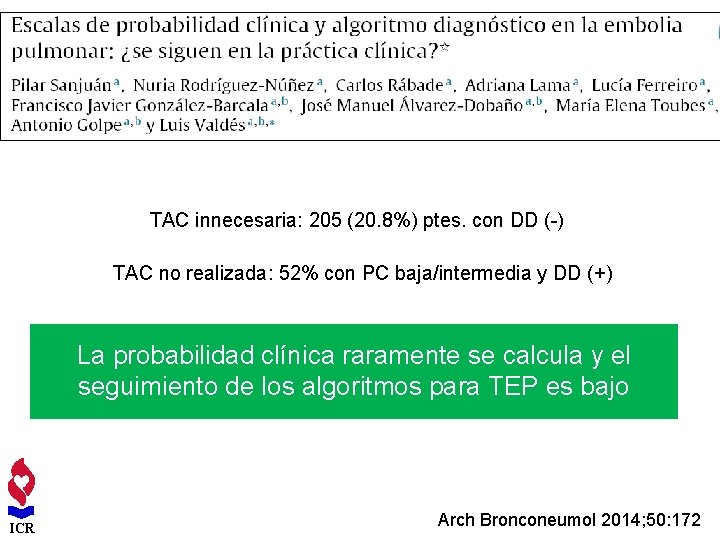 TAC innecesaria: 205 (20. 8%) ptes. con DD (-) TAC no realizada: 52% con