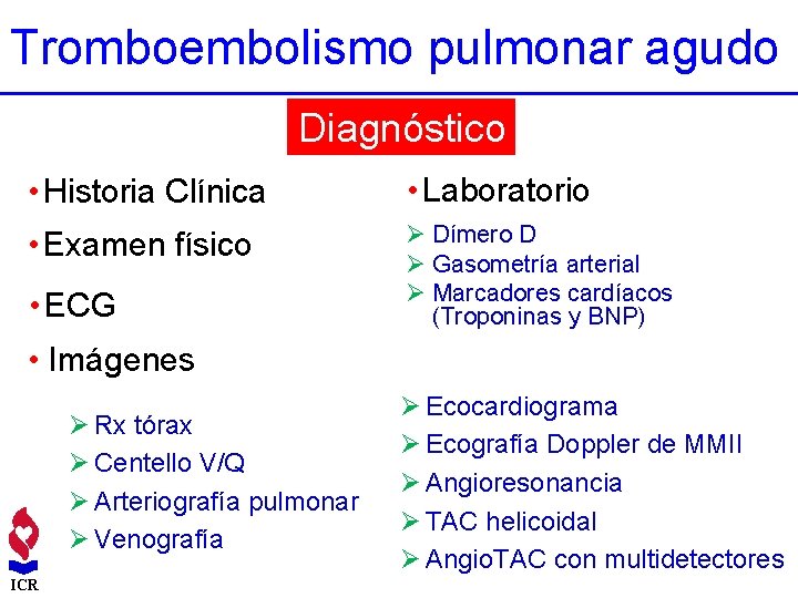 Tromboembolismo pulmonar agudo Diagnóstico • Historia Clínica • Laboratorio • Examen físico Ø Dímero