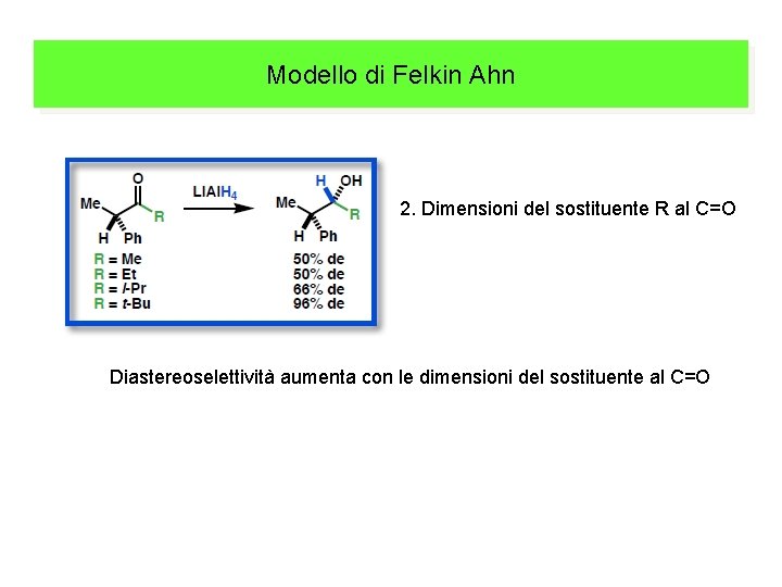 Modello di Felkin Ahn 2. Dimensioni del sostituente R al C=O Diastereoselettività aumenta con