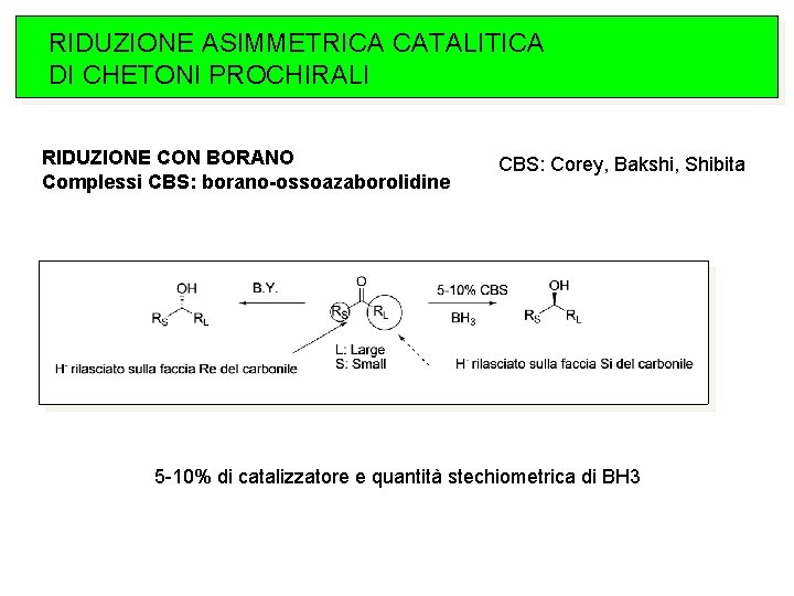 RIDUZIONE ASIMMETRICA CATALITICA DI CHETONI PROCHIRALI RIDUZIONE CON BORANO Complessi CBS: borano-ossoazaborolidine CBS: Corey,